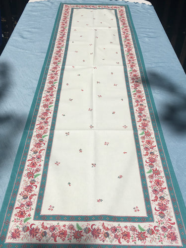 Anti stain wipe clean finish allows for liquids and oils to bead off. Measures 16.5 by 60 in. Pictured on a 72 inch length table for reference, but may be draped over the sides of a smaller table as well. Border color is blue turquoise and background is white eggshell with multicolor provincial flora