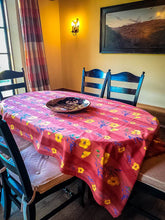 Load image into Gallery viewer, stripes of poppy lavender provinvial table cloth in desert rose, uncoated 100% cotton rectangular 117 inches in length 62 inches in width