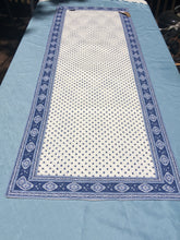 Load image into Gallery viewer, 100% plain cotton quilted reversible ciel bleu (blue) and ecru white paisley diamond table runner in two lengths. Front side has small fleur de lys reminiscent diamond motifs with a dark blue border made up of large paisley diamonds, while reverse is made up of striped bands of these two motif variants. A fractal feast of the eyes!