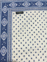 Load image into Gallery viewer, 100% plain cotton quilted reversible ciel bleu (blue) and ecru white paisley diamond table runner in two lengths. Front side has small fleur de lys reminiscent diamond motifs with a dark blue border made up of large paisley diamonds, while reverse is made up of striped bands of these two motif variants. A fractal feast of the eyes!