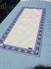 Load image into Gallery viewer, 100% plain cotton quilted reversible ciel bleu (blue) and ecru white paisley diamond table runner in two lengths. Front side has small fleur de lys reminiscent diamond motifs with a dark blue border made up of large paisley diamonds, while reverse is made up of striped bands of these two motif variants. A fractal feast of the eyes!