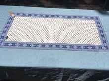Load image into Gallery viewer, 100% plain cotton quilted reversible ciel bleu (blue) and ecru white paisley diamond table runner in two lengths. Front side has small fleur de lys reminiscent diamond motifs with a dark blue border made up of large paisley diamonds, while reverse is made up of striped bands of these two motif variants. A fractal feast of the eyes!
