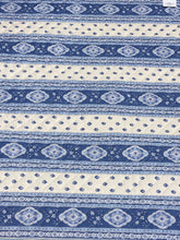 Load image into Gallery viewer, 100% plain cotton quilted reversible ciel bleu (blue) and ecru white paisley diamond table runner in two lengths. Front side has small fleur de lys reminiscent diamond motifs with a dark blue border made up of large paisley diamonds, while reverse is made up of striped bands of these two motif variants. A fractal feast of the eyes!
