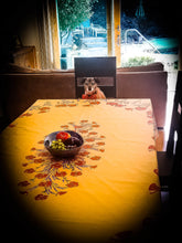 Load image into Gallery viewer, acrylic coated soft yellow poppy and lavender 100% cotton 97 inch long 62 inches wider rectangular table cloth with borders and gorgeous oval poppy lavender garland centerpiece. like seating yourself in a field of poppies and lavender for a meal
