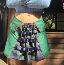 Load image into Gallery viewer, dirndle back multi navy satin bow ruched plaid taffeta upcycled chruistmas napkin waist cuffed pleat flounce school uniform skirt great for holiday winter parties or camp cosplay fashion