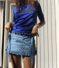 Load image into Gallery viewer, Measures 11 inches in front and 12.75 inches in back. Elastic waistband that can accommodate sizes medium (32" waist) through a large medium (38"). Sits at the top of hips/lower waist. Hand ruched front panel with scalloped barn door straps. Ruffle trims.Tiered pleated flounce at the back.