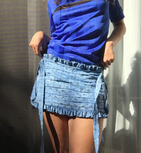 Load image into Gallery viewer, Measures 11 inches in front and 12.75 inches in back. Elastic waistband that can accommodate sizes medium (32" waist) through a large medium (38"). Sits at the top of hips/lower waist. Hand ruched front panel with scalloped barn door straps. Ruffle trims.Tiered pleated flounce at the back.