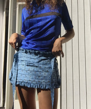 Load image into Gallery viewer, Measures 11 inches in front and 12.75 inches in back. Elastic waistband that can accommodate sizes medium (32" waist) through a large medium (38"). Sits at the top of hips/lower waist. Hand ruched front panel with scalloped barn door straps. Ruffle trims.Tiered pleated flounce at the back.