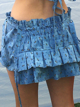 Load image into Gallery viewer, Measures 11 inches in front and 12.75 inches in back. Elastic waistband that can accommodate sizes medium (32" waist) through a large medium (38"). Sits at the top of hips/lower waist. Hand ruched front panel with scalloped barn door straps. Ruffle trims.Tiered pleated flounce at the back.