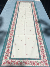 Load image into Gallery viewer, Anti stain wipe clean finish allows for liquids and oils to bead off. Measures 16.5 by 60 in. Pictured on a 72 inch length table for reference, but may be draped over the sides of a smaller table as well. Border color is blue turquoise and background is white eggshell with multicolor provincial flora

