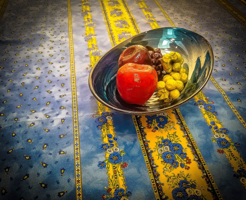 Traditional cotton print tablecloths from Avignon, France, in all cotton with a wipe clean acrylic coating. Rectangular cut is 117