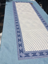 Load image into Gallery viewer, 100% plain cotton quilted reversible ciel bleu (blue) and ecru white paisley diamond table runner in two lengths. Front side has small fleur de lys reminiscent diamond motifs with a dark blue border made up of large paisley diamonds, while reverse is made up of striped bands of these two motif variants. A fractal feast of the eyes!
