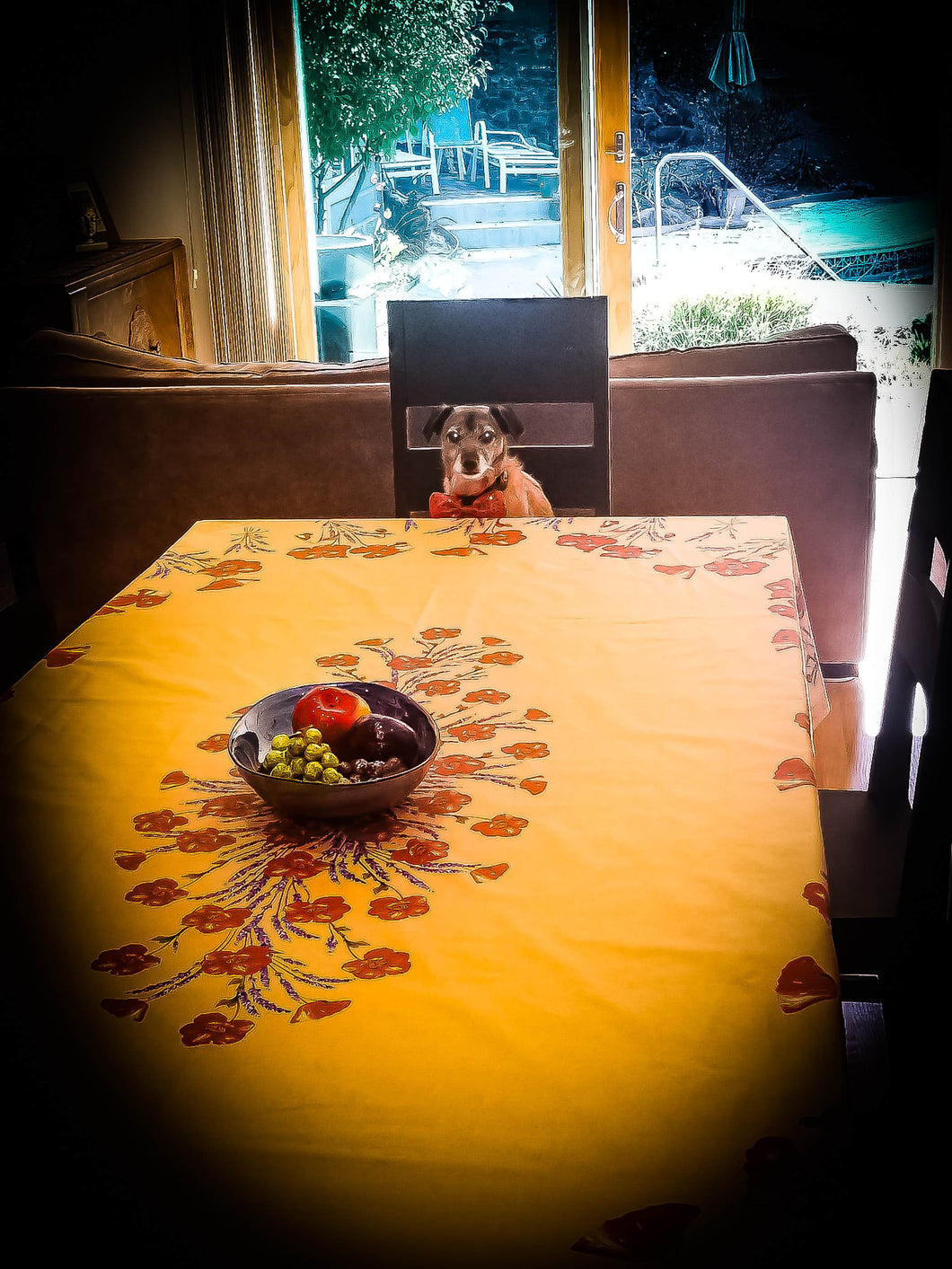 acrylic coated soft yellow poppy and lavender 100% cotton 97 inch long 62 inches wider rectangular table cloth with borders and gorgeous oval poppy lavender garland centerpiece. like seating yourself in a field of poppies and lavender for a meal