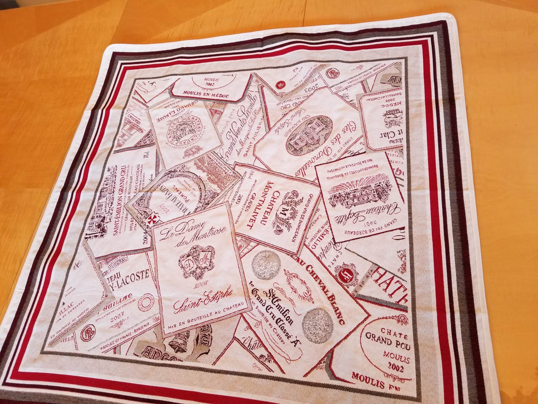 All of the major wine varietals and vintner labels of France are wove into this jacquard cotton design. Table centerpiece, 26 inches square. Hand wash or dry clean. Stain resistant treatment.