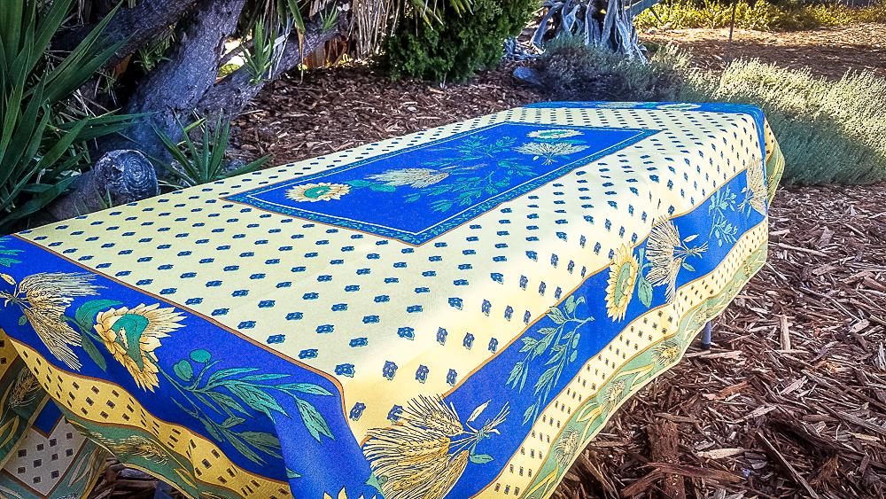 Stunning Anti Stain Yellow and Blue Rectangular Cut Sunflowers Tablecloth