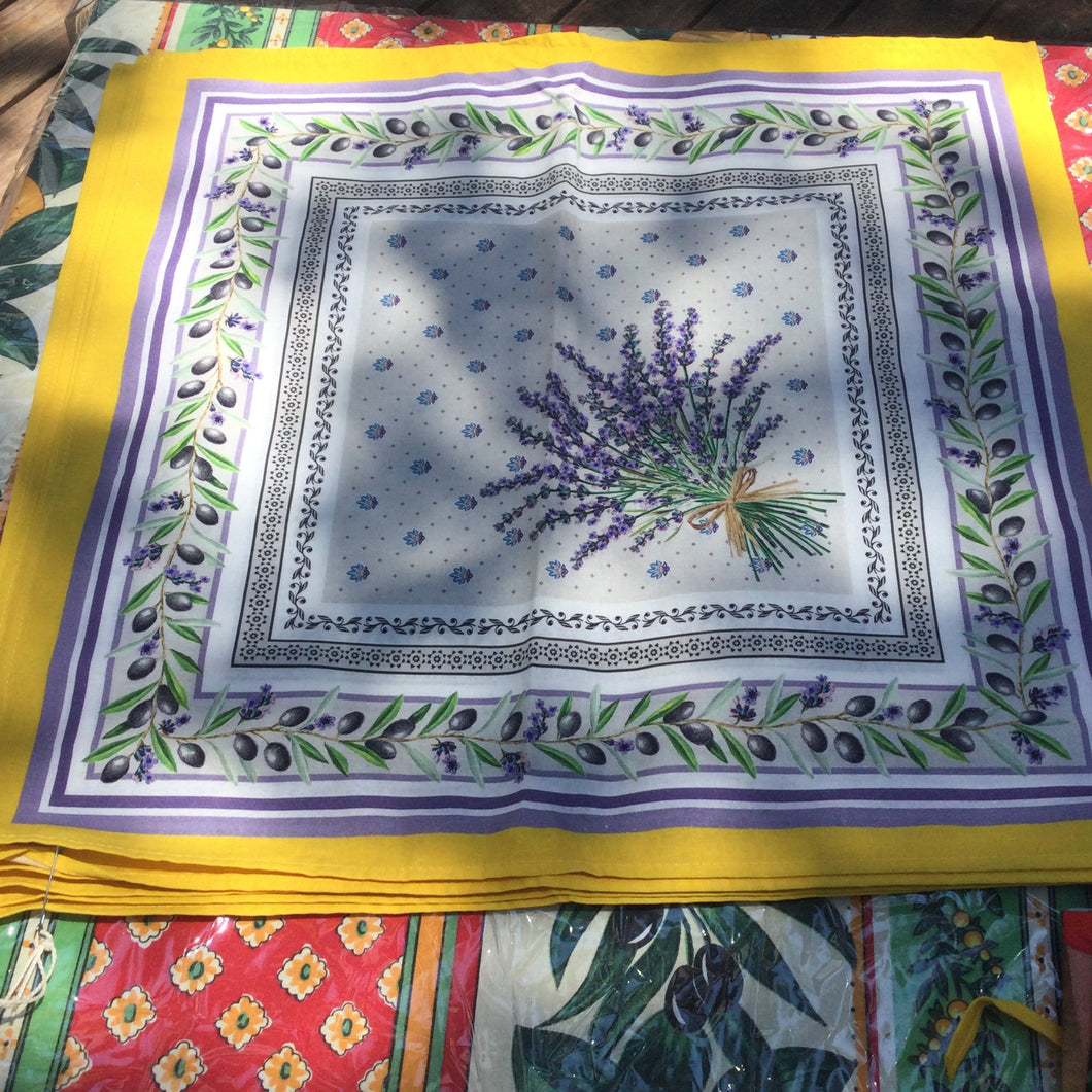 Centered lavender bouquet on a lavender calissons dotted square background bordered by several motif lines includingolive branch trellis. Comes in 100% cotton. Inner motif overlays on white and very light gray lavender, with lavender and mustard outer borders.Set of 6 napkins