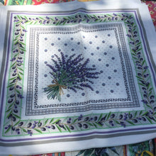 Load image into Gallery viewer, Centered lavender bouquet on a lavender calissons dotted square background bordered by several motif lines includingolive branch trellis. Comes in 100% cotton.
